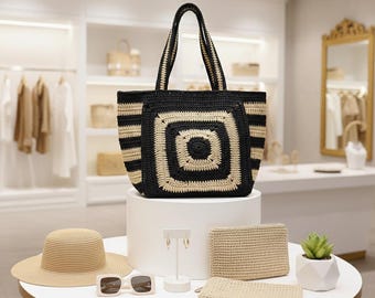 Handmade Woven Raffia Tote Bag: Striped Straw Beach Bag