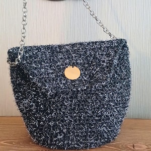 Handmade Silver Chain Glitter Black Handbag,Glitter Yarn Crochet Evening Bag,Minimalist Design Event Bag,Everyday and Special Occassions use