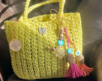 Crochet Straw Tote Bag: Yellow Summer Shoulder Bag with Phone Case