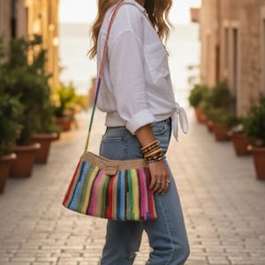 Handmade Paper Straw Crochet Bag: Colorful Striped Boho Shoulder Bag Clutch