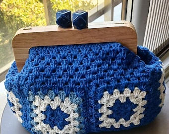 Handmade Granny Square Crochet Clutch: Bohemian Cotton Bag with Wooden Frame
