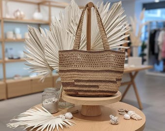 Hand-Crocheted Two-Tone Paper Yarn Tote Bag, Bohemian Straw Shoulder Market Bag