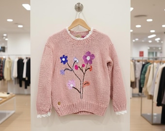 Hand-Knitted Mohair Oversized Sweater: Embroidered Lace, Vintage Style