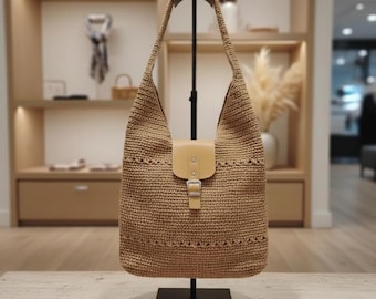 XL Crochet Boho Bag: Handmade Wicker Knitted Shoulder Bag with Leather Cover