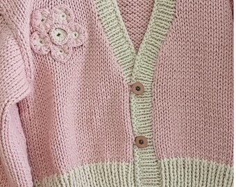 Hand-Knitted Wool Cardigan: Bohemian Pink Cream Knit