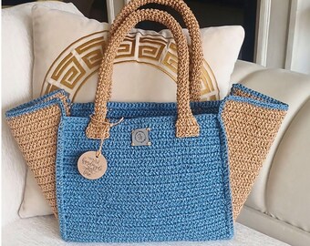 Handmade Crochet Straw Tote Bag: Indigo Blue Boho Beach Shoulder Bag