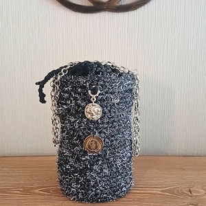Valentines Day and Birthday Gift,Black Silver Glittery Bag,Handknit Evening bag,Stylish Silver Chain Bag,Chic Acessories,GiftsforGirlfriend