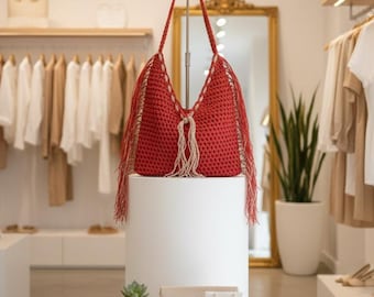 Handmade Crochet Fringe Tote Bag - Bohemian Style Shoulder Bag