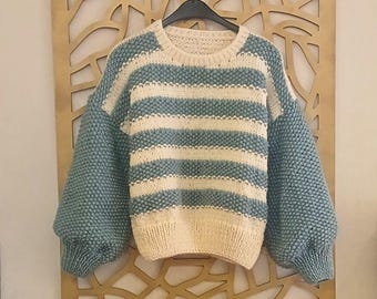 Handmade Winter Sweater in Cream and Turquoise,Hand-knitted balloon sleeve sweater,cozy pullover,Unique gift for Christmas Day and  Birthday
