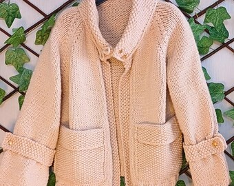 Hand-Knitted Oversize Wool Cardigan: Ecru Jacket with Gold Buttons