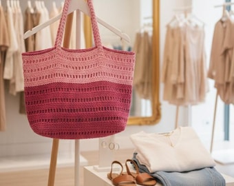 Handmade Pink Crochet Tote Bag, Eco-Friendly Paper Yarn Beach Bag