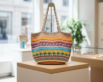 Handmade Crochet Tote Bag: Colorful Boho Cotton Beach Bag, Striped Summer Purse