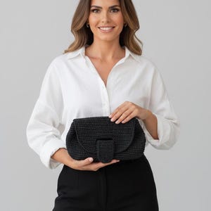 Black Wicker Crochet Clutch Bag: Handmade Boho Pouch