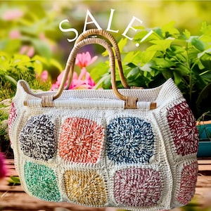 Colorful Motif Large Volume Elegance Bamboo Handle Cotton Bag,Hand-Knitted Chic Tote Bag,Beach Bag,Summer Vacation Travel Bag,Fashion Icons