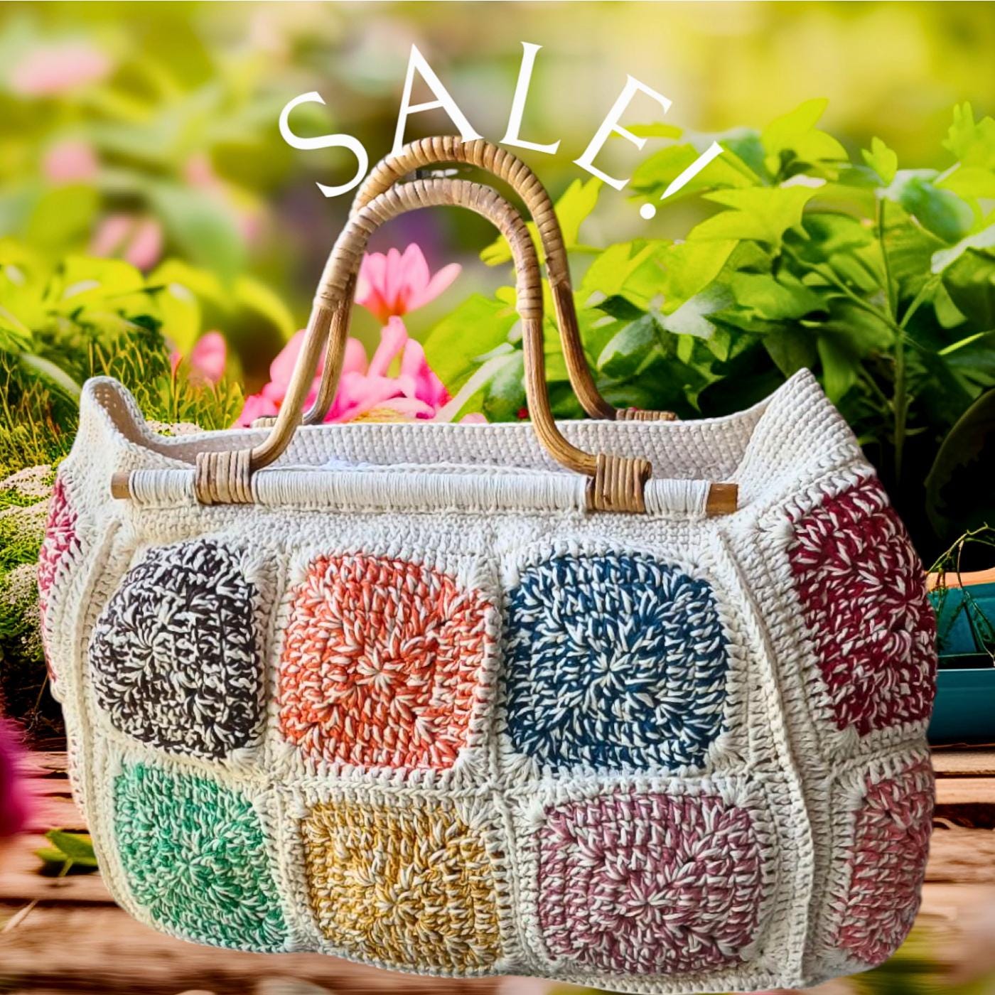 Hand-Knitted Cotton Tote Bag: Colorful Motif & Bamboo Handle