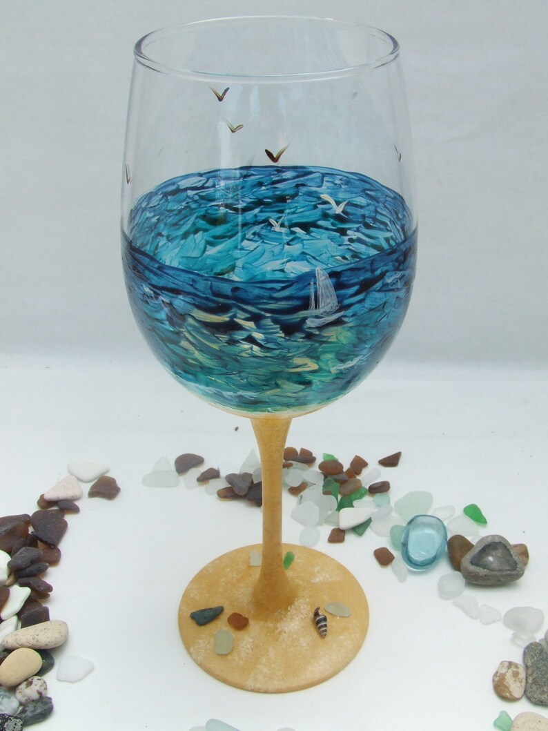 Hand Painted Beach Glass Wine Glass Etsy