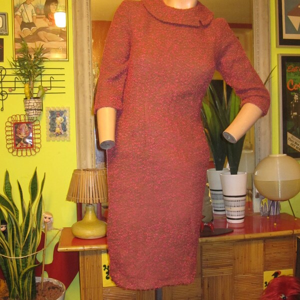 vintage 60s boucle wool wiggle dress xs s 1960 1950 50s vlv rockabilly bombshell pin up