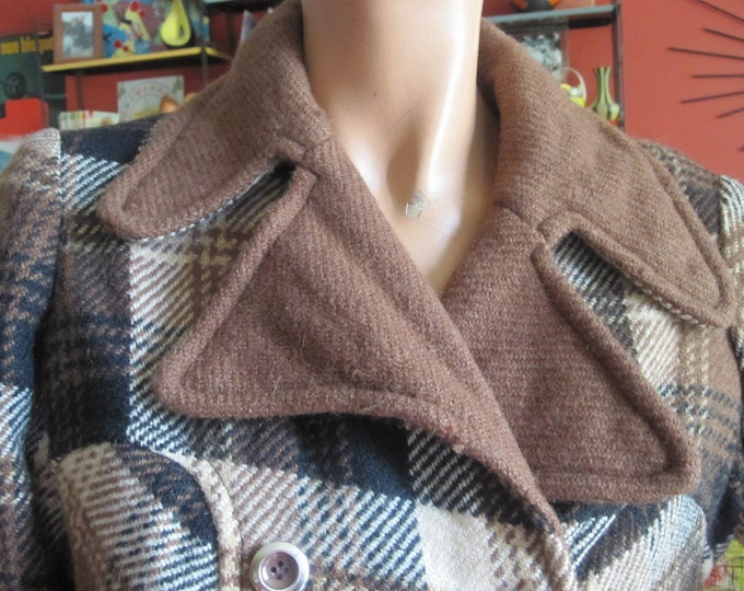 Dog Ear Collar Plaid Pea Coat Check Brown 70s 1970 Chocolate S Etsy