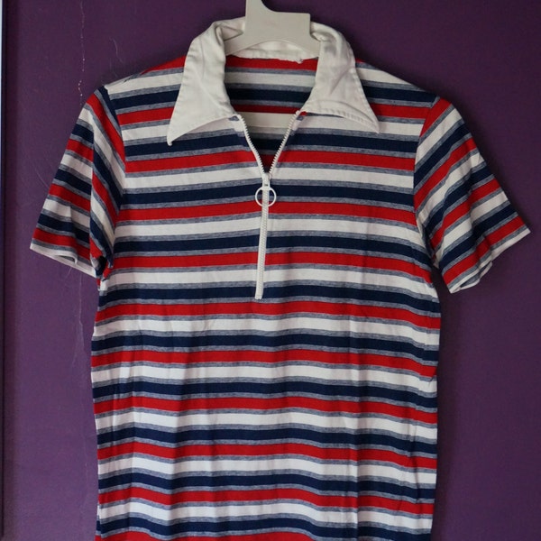 vintage 70s 80s striped zip up polo red white navy blue white collar 1970 1980 mod