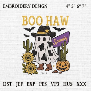 Boo Haw Embroidery Design, Halloween Western Embroidery, Halloween Cowboy Embroidery Design, 4 sizes, Instant Download