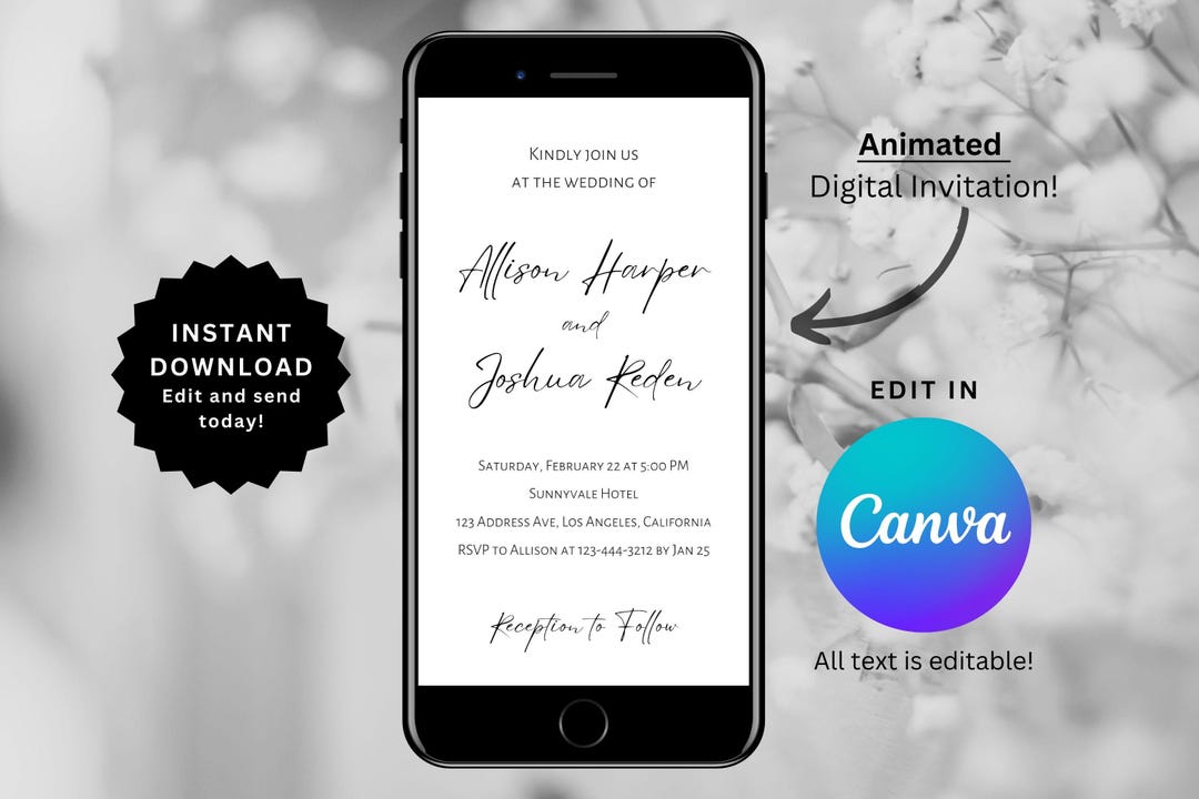 Editable Minimal Wedding Evite, Animated Digital Wedding Invitation ...