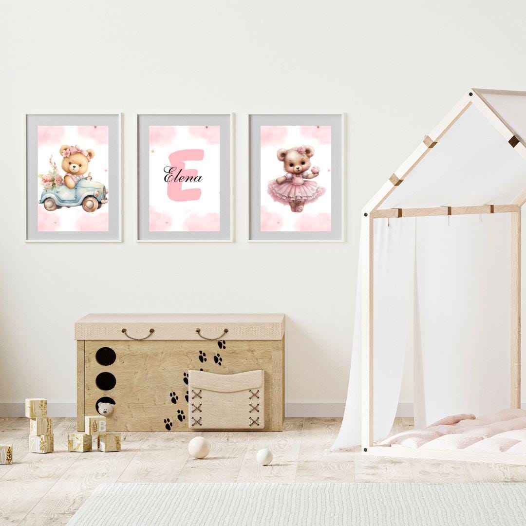 Set of 3 Custom Teddy Bear Nursery Wall Art Print Personalized Name ...