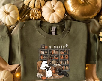Felpa retrò con fantasma che legge libri, fantasma bibliotecario di Halloween, felpa per insegnanti di Halloween, maglietta di Halloween, regalo per insegnanti, Boo School