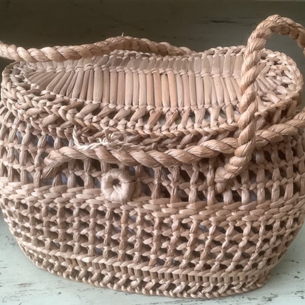 1950's Trendy - Wicker Basket/Handbag with Bark Cloth Lining - Holiday - Beach