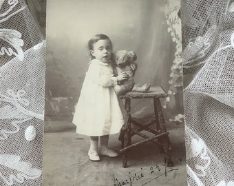 Marjorie 2 1/2 Years - Young Girl with Teddy Bear- Vintage Postcard - Early 1900's RPPC