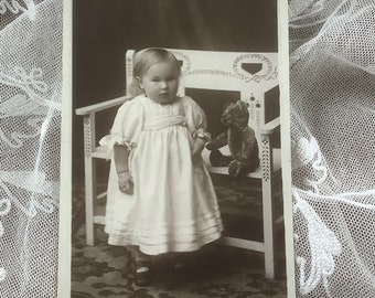 My Little Bear - Young Girl with Teddy Bear on Chair - Vintage Postcard - 1920's - Sepia RPPC