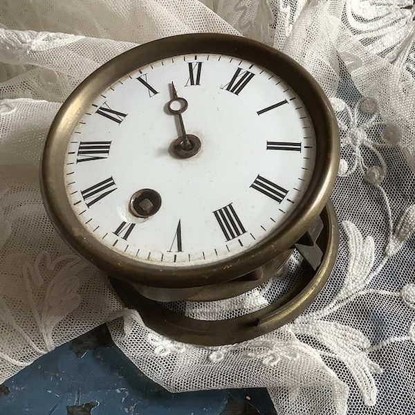 Whats The Time Mr Wolf - Brass & Enamel Clock Face and Workings - Clock Pieces for Reuse - Possibly French