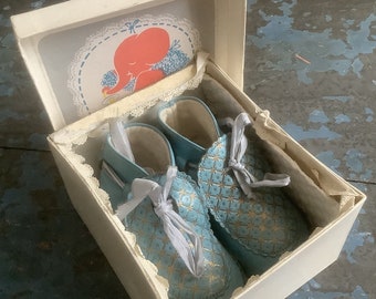 Blue Boots - Babies German Leather Boots in Box - Blue & Gold Babies Shoes - Vintage Shoes