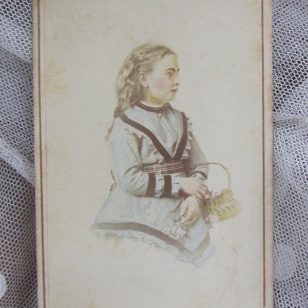 Girl with Basket - Coloured Victorian CDV/Carte de Visite Portrait Photograph - Berlin Germany - 1800's