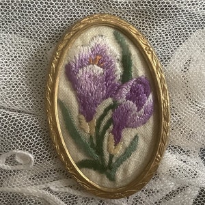 Captured Crocuses  - Hand Embroidered/Embroidery Crocus Brooch - Costume Jewelry - 1950's - Gold Oval Frame