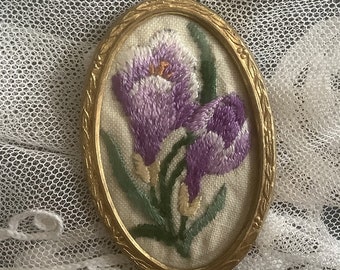 Captured Crocuses  - Hand Embroidered/Embroidery Crocus Brooch - Costume Jewelry - 1950's - Gold Oval Frame