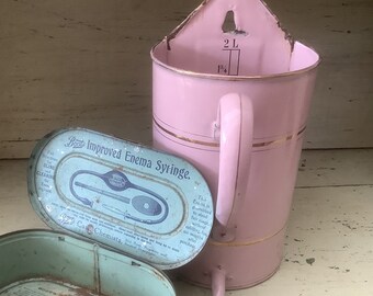 Flushing Out - Pink & Gold Enamel Enema Jug - Medical - Hospital - Medical Equipment - French?