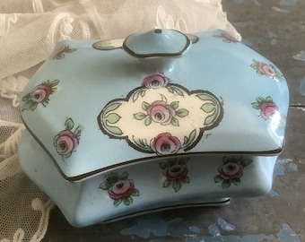 Rose Detail - Antique China Lidded Trinket Pot - Pink Roses on Blue - Early 1900's - Boudoir, Dressing Table