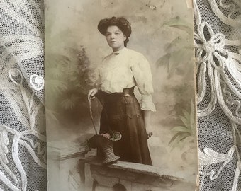 Girl with Basket - Partially Tinted Sepia Mounted Photograph - Early 1900's Edwardian