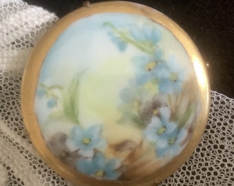 Forget Me Not Love - Hand Painted on Ceramic Edwardian Brooch - Forget me Nots - Early 1900's