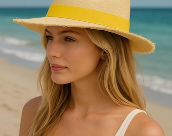 Cappello Panama ecuadoriano fatto a mano: Fedora in paglia Paja Toquilla con fascia colorata