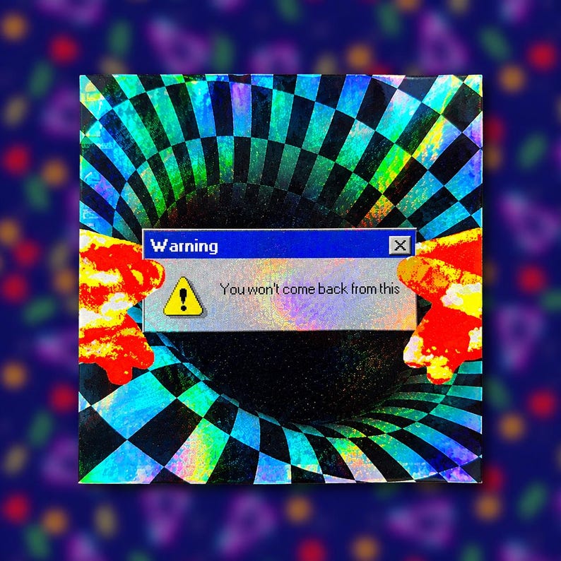 May include: A square holographic print featuring a black and blue checkered vortex pattern. A central rectangular pop-up window displays the text Warning and You won't come back from this with a yellow triangle exclamation icon.