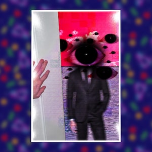 May include: A surreal art print featuring a figure in a dark suit with a large, central eye for a head, surrounded by multiple smaller floating eyes. The background transitions from a vibrant pink top to a textured, purple-toned lower section.