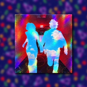 May include: A square art print featuring the silhouettes of two people holding hands, filled with a bright blue sky and white clouds. The background shows a dark hallway with a glowing red EXIT sign, all overlaid with a vibrant holographic rainbow foil.