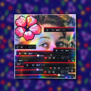 May include: A square holographic sticker featuring a pixelated pink hibiscus flower in the top left corner. The background displays a human face with eyes visible, overlaid with multiple black digital video player interface bars showing 08:27 / 13:04.