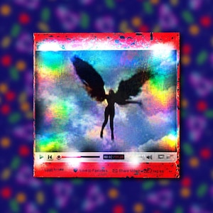 May include: A square print featuring a central silhouette of a winged figure against a vibrant, iridescent sky. The image is framed by a red border resembling a digital video player interface, complete with playback controls and text labels.