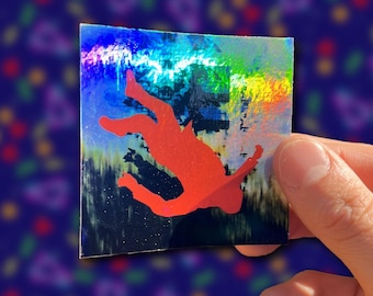 Holographic Surreal Falling Figure Sticker – Weirdcore Dreamcore Liminal Space Art – Glitch Sky Vinyl Decal