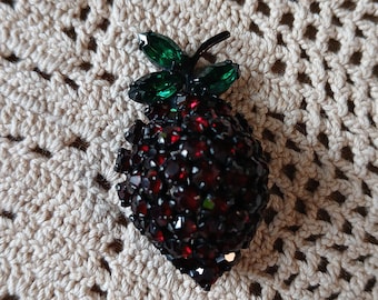 Vintage Joseph Warner Red Rhinestone Strawberry Brooch, Japanned Finish