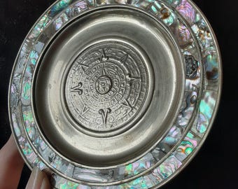 Vintage Alpaca Mexico Abalon inlaid 6-inch, Alpaca metal plate, Aztec calendar, souvenir gift, hangable