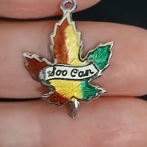 May include: A colorful maple leaf charm with a silver border. The leaf is divided into sections of brown, yellow, and green. A banner across the leaf reads "Joo Can". The charm has a small loop at the top for attachment.