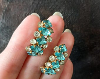 Vintage Rhinestone Screwback Earrings, Light Blue Czech Brass, 1930s